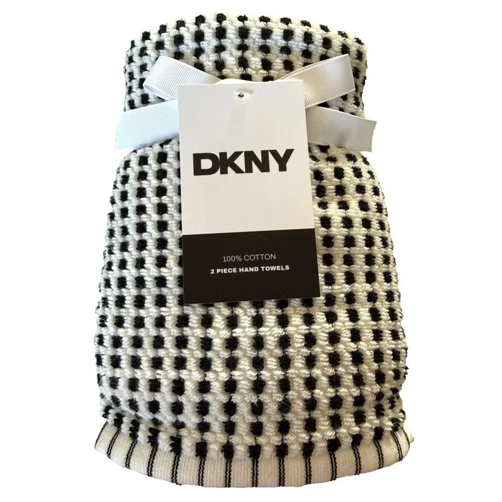 DKNY Hand Towels Set of 2 Black Ivory Check Dot Cotton 16x28 Country Cabin